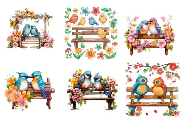 Birds with Bench and Flower Clipart Graphic AI Transparent PNGs By Nayem Khan