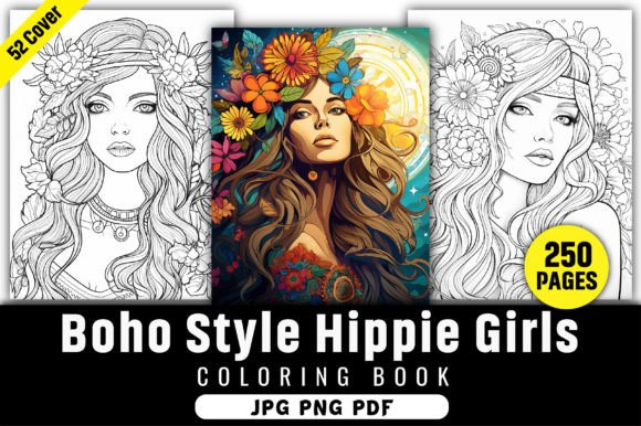 Boho Style Hippie Girls Fashion Coloring Gráfico Páginas y libros de colorear para adultos Por KIDS ZONE