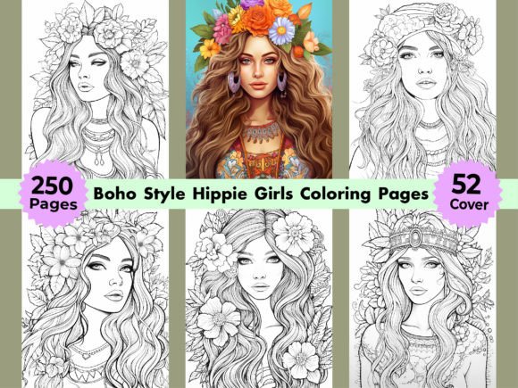 Boho Style Hippie Girls Fashion Coloring Graphic Coloring Pages & Books Adults By WinSum Art