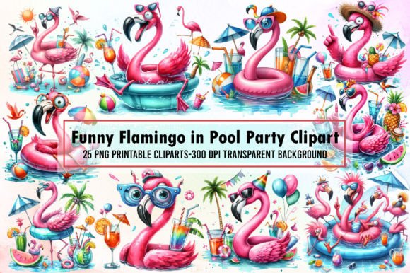 Funny Flamingo in Pool Party Clipart Graphic Illustrations By Sublimation Artist
