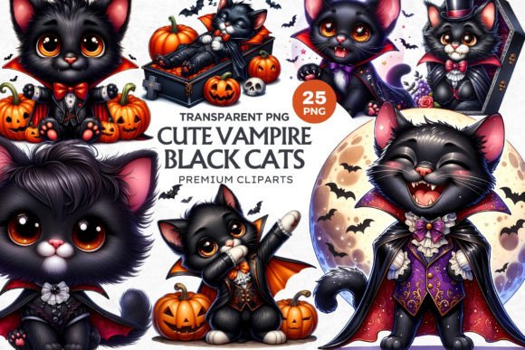 Halloween Vampire Black Cat Clipart Set Graphic Illustrations By ThatsDesignStore
