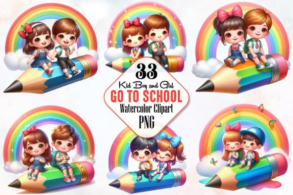 Kid Boy and Girl Go to School Clipart Graphic Illustrations By RobertsArt