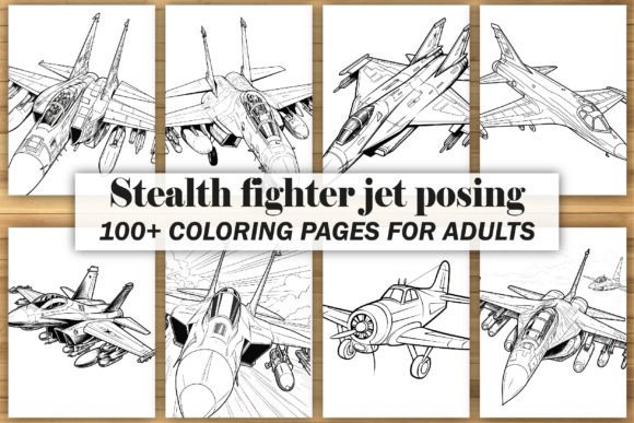Stealth Fighter Jet Posing Coloring Book Gráfico Páginas y libros de colorear para adultos Por C F Designer AH
