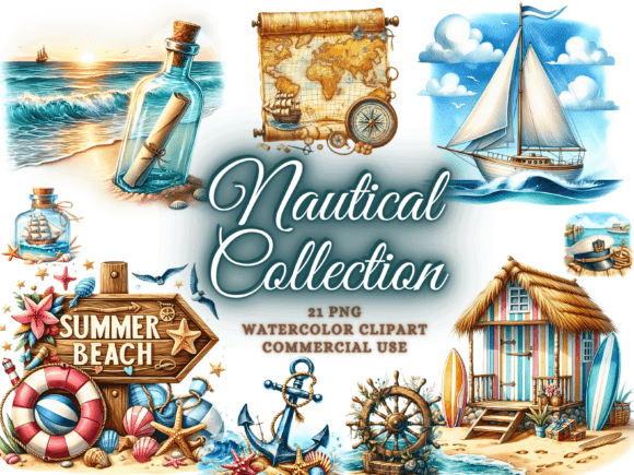 Travel Nautical Clipart - Beach Clipart Gráfico Ilustrações para Impressão Por Artistic Revolution