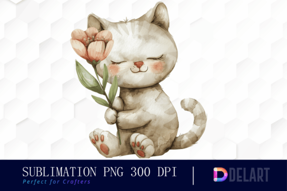 Watercolor Cat Holding Flower Clipart Gráfico Ilustrações para Impressão Por DelArtCreation