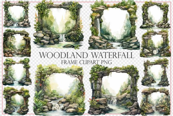 Woodland Waterfall Frames Illustration PNG transparents AI Par Mehtap