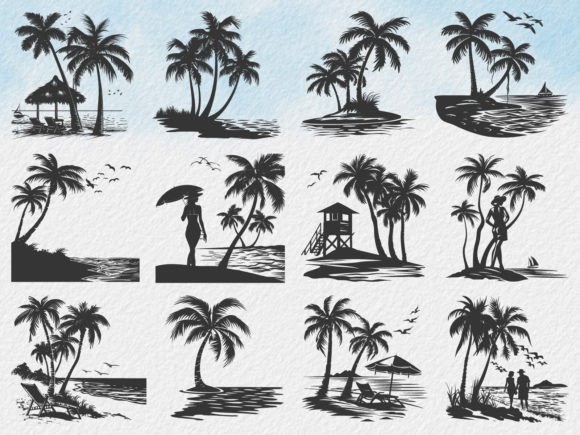 Sea Beach Silhouette, Sea Beach Coconut Grafica Illustrazioni Stampabili Di Art Merch X