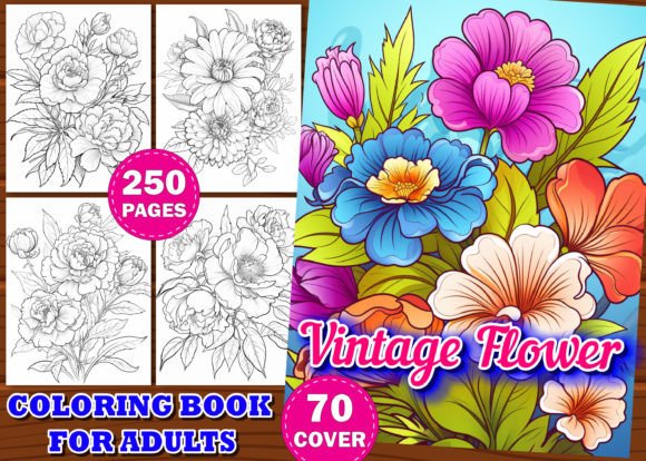 250 Vintage Flower Coloring Pages Book Gráfico Páginas y libros de colorear para adultos Por Design Shop