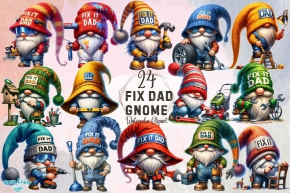 Fix Dad Gnome Watercolor Clipart Graphic AI Transparent PNGs By Vera Craft