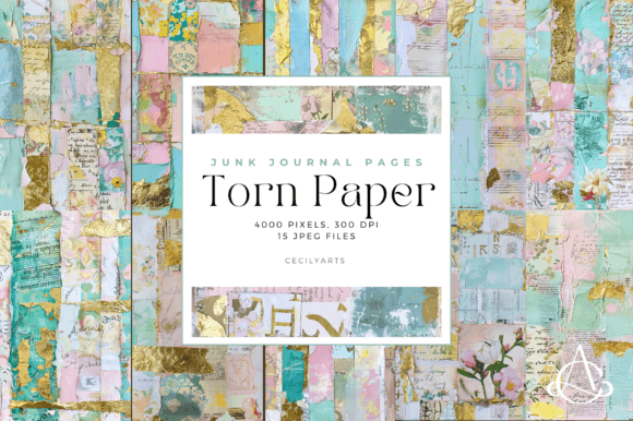 Pastel Green Gold Torn Paper JunkJournal Graphic Backgrounds By Cecily Arts