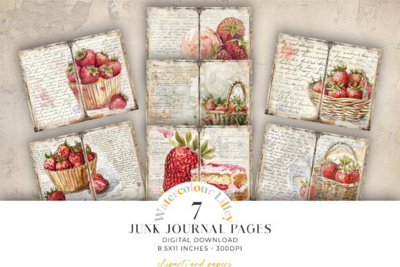 Strawberry Junk Journal Pages Graphic Illustrations By Watercolour Lilley