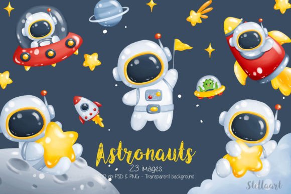 Astronauts and Space Elements Clipart Grafik Druckbare Illustrationen Von Stellaart