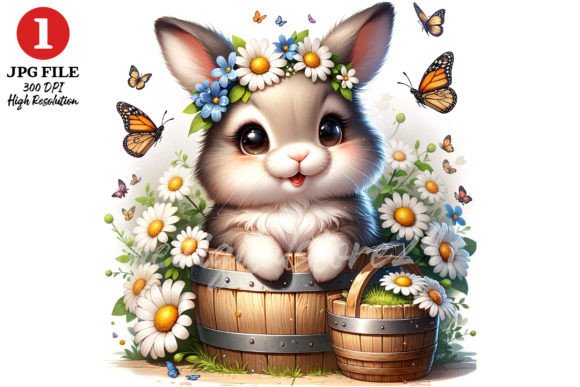 Cute Bunny with Daisy Florals JPG Gráfico Ilustraciones IA Por TheDigitalStore247