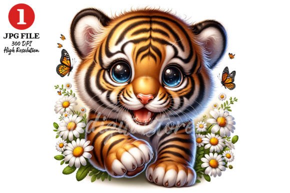 Cute Tiger with Daisy Florals JPG Gráfico Ilustraciones IA Por TheDigitalStore247