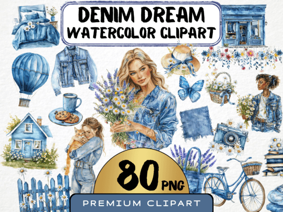 Denim Dream Watercolor Clipart 80 PNG Graphic Illustrations By MokoDE