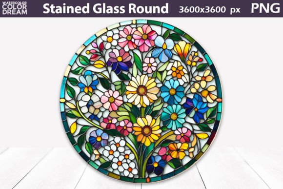 Flowers Stained Glass Round Grafik Druckbare Illustrationen Von WatercolorColorDream