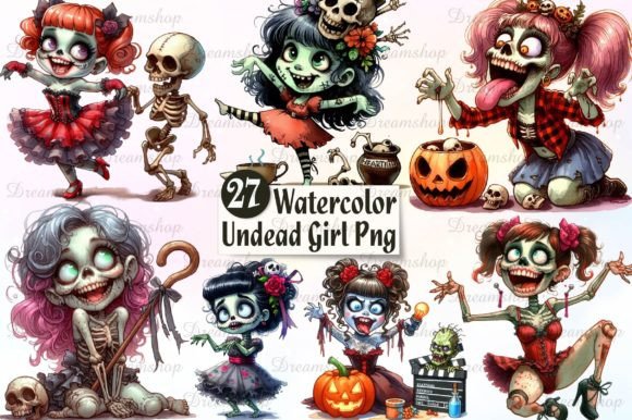 Halloween Undead Girl Watercolor Clipart Afbeelding Afdrukbare Illustraties Door Dreamshop