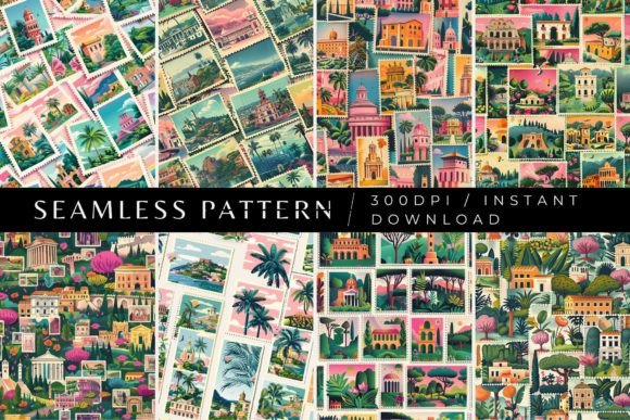 Historic City Stamps Seamless Patterns Illustration Modèles de Papier Par Inknfolly