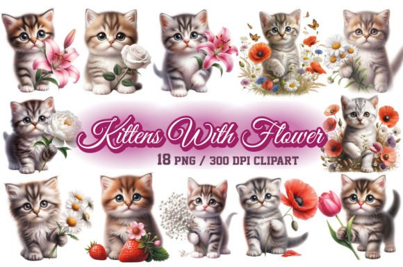 Kitten & Flowers Cat Sublimation Bundle Afbeelding Afdrukbare Illustraties Door shipna2005