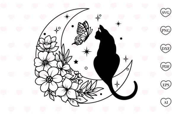 Black Cat on the Moon Flower Svg Cat Svg Graphic Druck-Vorlagen By Tadashop Design