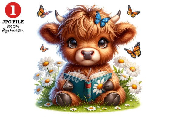 Cute Highland Cow with Daisy Florals JPG Graphic AI Illustrations By TheDigitalStore247