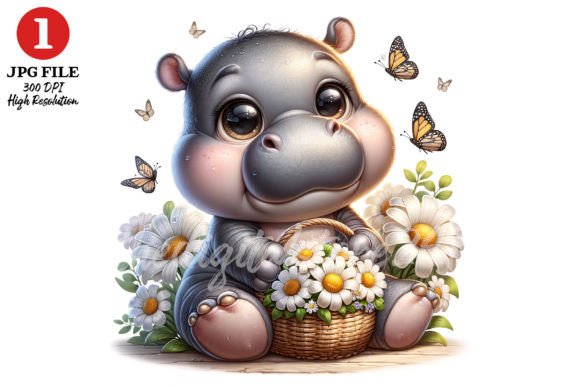 Cute Hippo with Daisy Florals JPG Gráfico Ilustraciones IA Por TheDigitalStore247