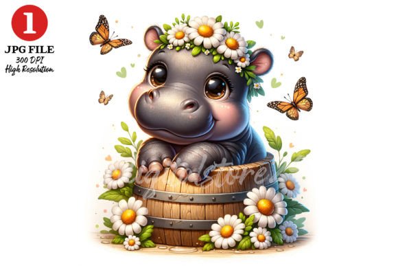 Cute Hippo with Daisy Florals JPG Gráfico Ilustraciones IA Por TheDigitalStore247