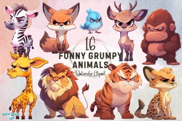 Funny Grumpy Animals Watercolor Clipart Graphic AI Transparent PNGs By Vera Craft