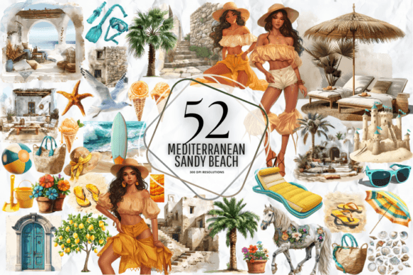 Mediterranean Sandy Beach Gráfico Ilustraciones Imprimibles Por Markicha Art