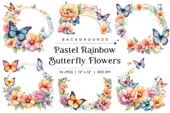 Pastel Rainbow Butterfly Flowers Frame Grafika Tła Przez Finiolla Design