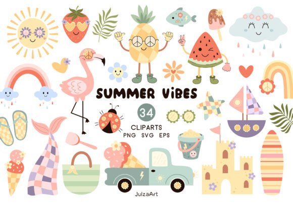 Retro Summer Vibes Clipart, Summer Png Grafica Illustrazioni Stampabili Di JulzaArt