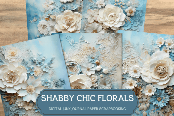 Shabby Chic Florals Blue Journal Paper Afbeelding AI Afbeeldingen Door AKAlice Studio