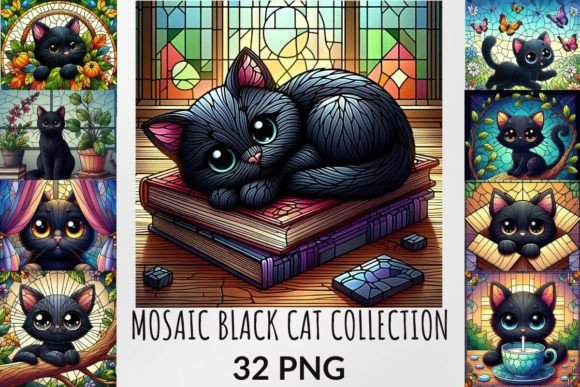 Stained Glass Black Cat Collection Graphic Illustrations By DigitalCreativeDen