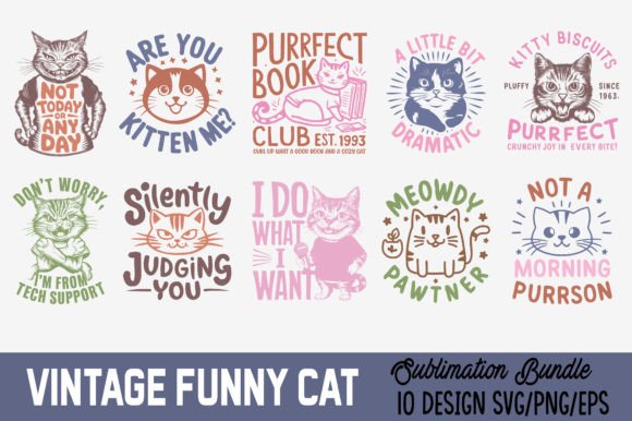 Vintage Funny Cat SVG T-shirt Bundle Illustration Designs de T-shirts Par Ya_Design Store