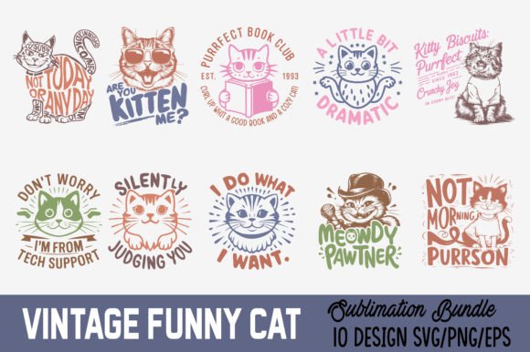 Vintage Funny Cat Sublimation Bundle Gráfico Artesanato Por Ya_Design Store