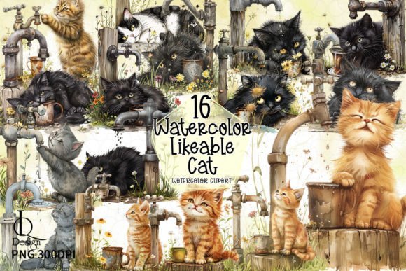 Watercolor Likeable Cat Clipart PNG Graphic Illustrations By LQ Design