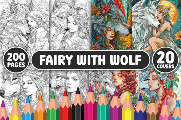 200 Fairy with Wolf Coloring Pages Gráfico Páginas y libros de colorear para adultos Por GLASSYMART