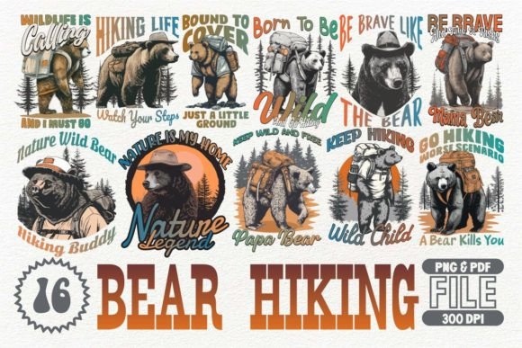 Bear Hiking T-shirt Design Bundle Gráfico Diseños de Camisetas Por Universtock