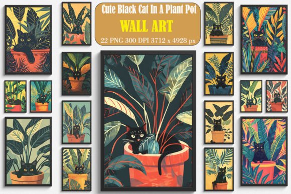 Cute Black Cat in a Plant Pot Wall Art Graphic Backgrounds By Ricco Art