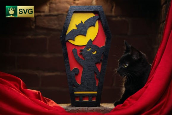 Halloween Coffin V7 | Cat and Bat SVG Graphic 3D SVG By pixaroma