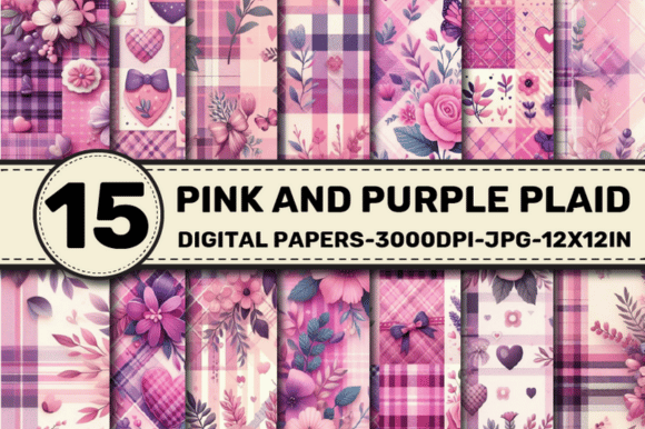 Pink and Purple Plaid Pattern Papers Graphic Patterns By ElksArtStudio