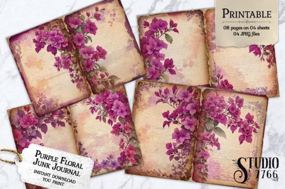 Purple Floral Junk JournalPages Graphic Print Templates By Studio 7766