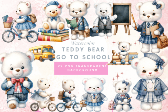Teddy Bear Nursery Go to School Watercol Graphic Print Templates By Prints and the Paper