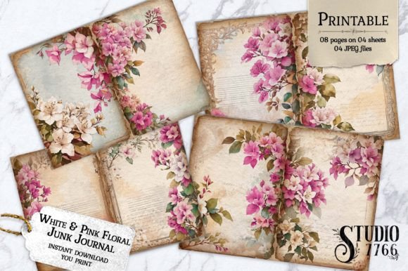 White and Pink Floral Junk Journal Pages Graphic Print Templates By Studio 7766