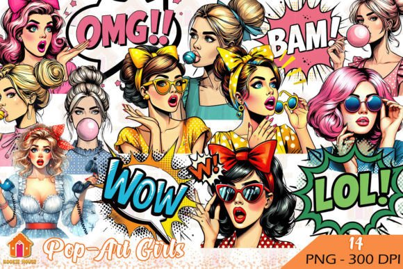 Pop-Art Girls Clipart PNG Gráfico Ilustraciones Imprimibles Por Kookie House