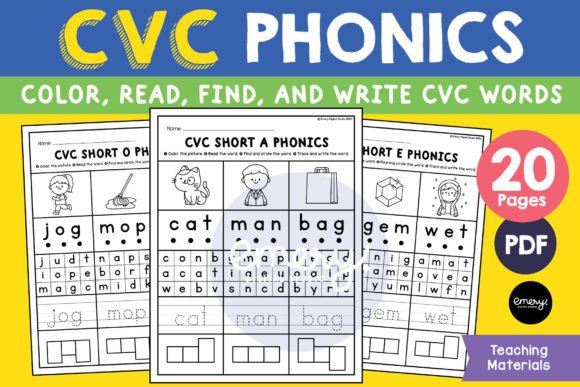 CVC Phonics Worksheets Illustration K Par Emery Digital Studio