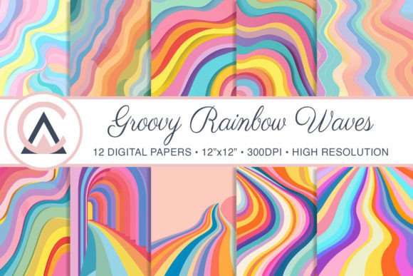 Rainbow Retro Groovy Waves Backgrounds Gráfico Fondos Por ArtCursor