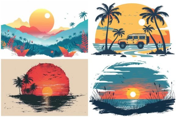 Summer Sunset Logo Vector Graphic Art Gráfico Ilustrações em IA Por Background Graphics illustration