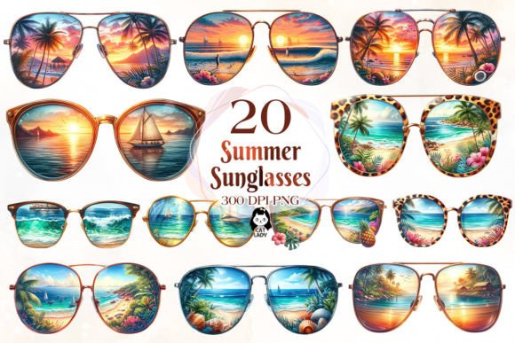 Summer & Beach Sunglasses Sublimation Graphic Illustrations By Cat Lady