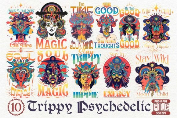 Trippy Psychedelic T-shirt Design Bundle Afbeelding T-shirt Designs Door Universtock